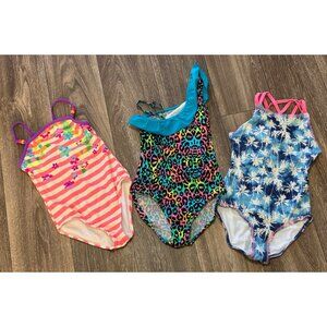 GIRLS SWIMSUIT ONE PIECE MIXED LOT SIZE 7 TROPICAL FLORAL ANIMAL PRINT SWIMWEAR